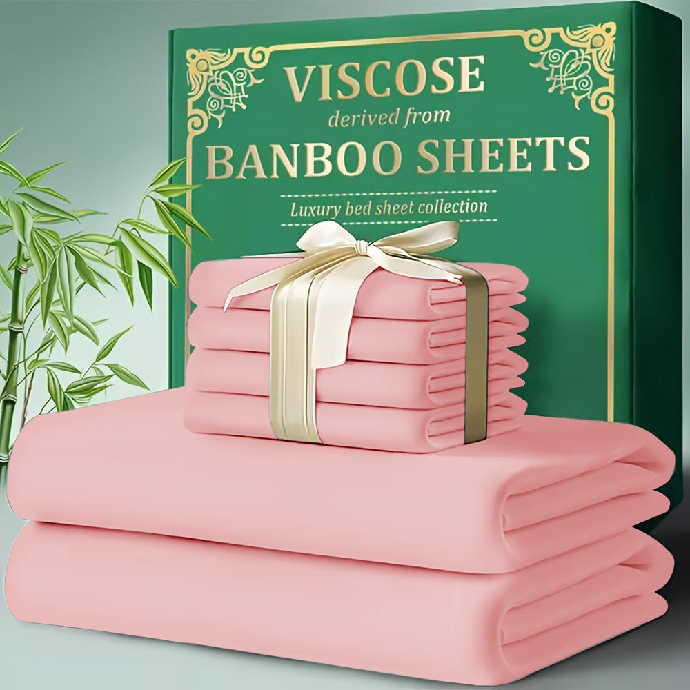 Bed Sheet Set 4-Piece Bamboo-Derived Cooling Fabric with Deep-Pocket Fitted Sheet and Four Bed Sizes
