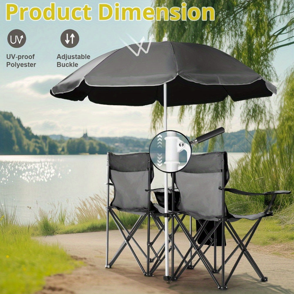 Folding Fishing Chair with Sun Umbrella – 2-Seat Portable Outdoor Chair, Iron Alloy Frame & Oxford Fabric, Built-In Storage Bag & Carry Bag