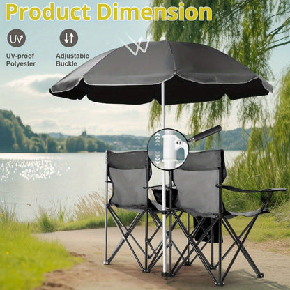 Folding Fishing Chair with Sun Umbrella – 2-Seat Portable Outdoor Chair, Iron Alloy Frame & Oxford Fabric, Built-In Storage Bag & Carry Bag