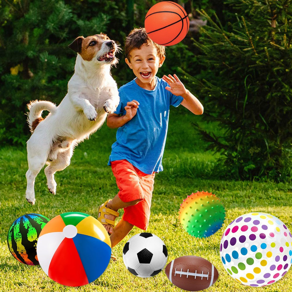 Kids Playground Ball Set 7-Pack with Air Pump, 10.6 Inch Outdoor Ball Plus 6-Inch Basketball Football Rugby