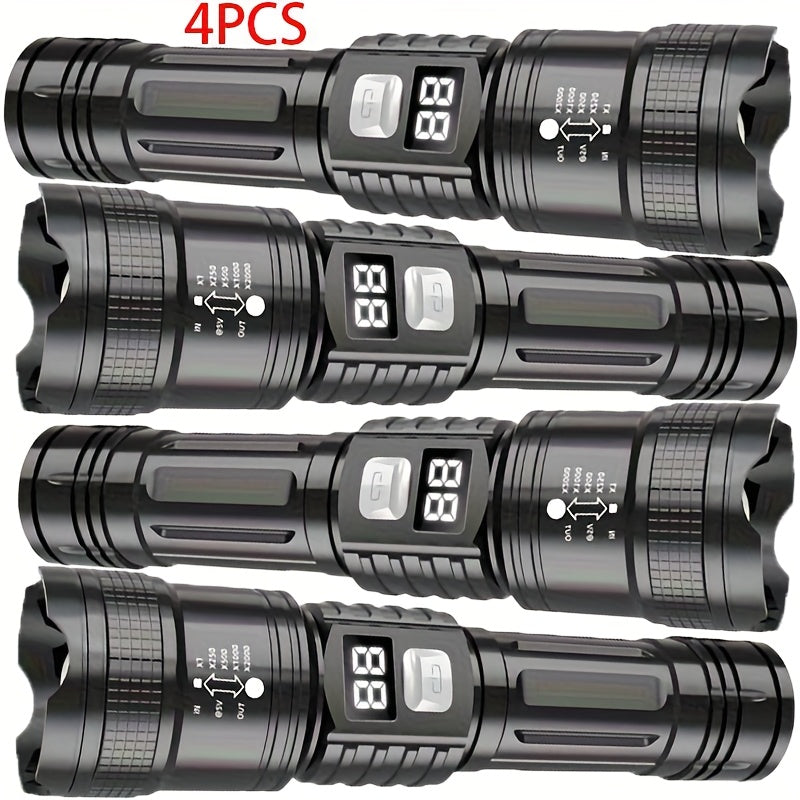 Flashlight Rechargeable 4-Piece Zoom Set with Digital Displays, USB Charging and IP65 Rating