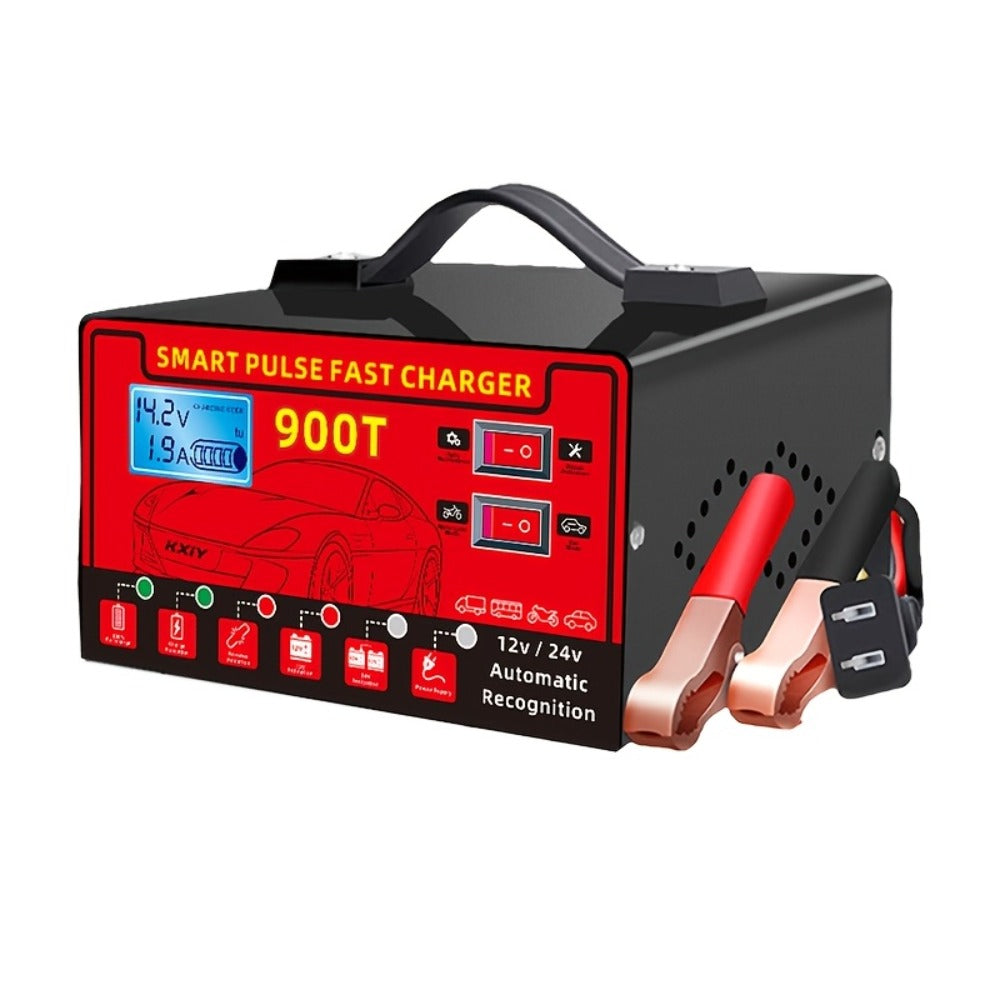 Smart Battery Charger 12V/24V with Pulse Repair & LCD Screen – Trickle Charger & Maintainer for Car, Truck, Motorcycle, Boat, Lawn Mower