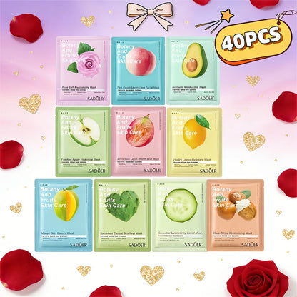 Forty-Piece SADOER Sheet Mask Assortment with Individually Packed Fruit and Rose Pouch Labels