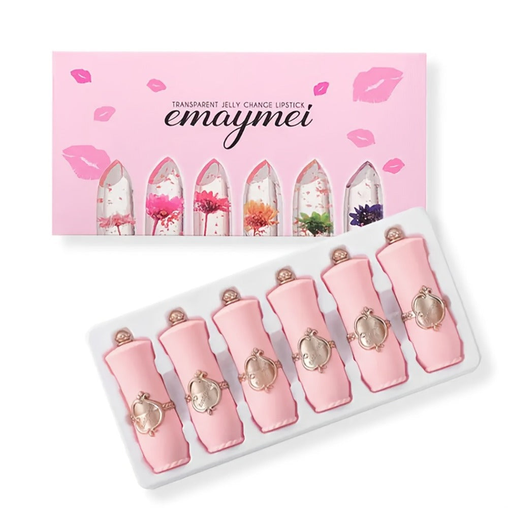 Lipstick Set, emaymei 6-Piece Transparent Flower-Core Jelly Collection in Ornate Pink Cases