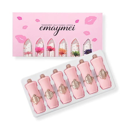 Lipstick Set, emaymei 6-Piece Transparent Flower-Core Jelly Collection in Ornate Pink Cases