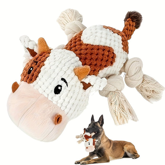 Dog Toy Cow Plush with Squeaker, Crinkle Paper, Woven Legs and Washable Construction for Multiple Dog Sizes