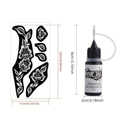 Tattoo Stencil Kit with Brown Paste Ink & Flash Spray, Pre-Cut Hollow Template DIY Freehand Henna Style