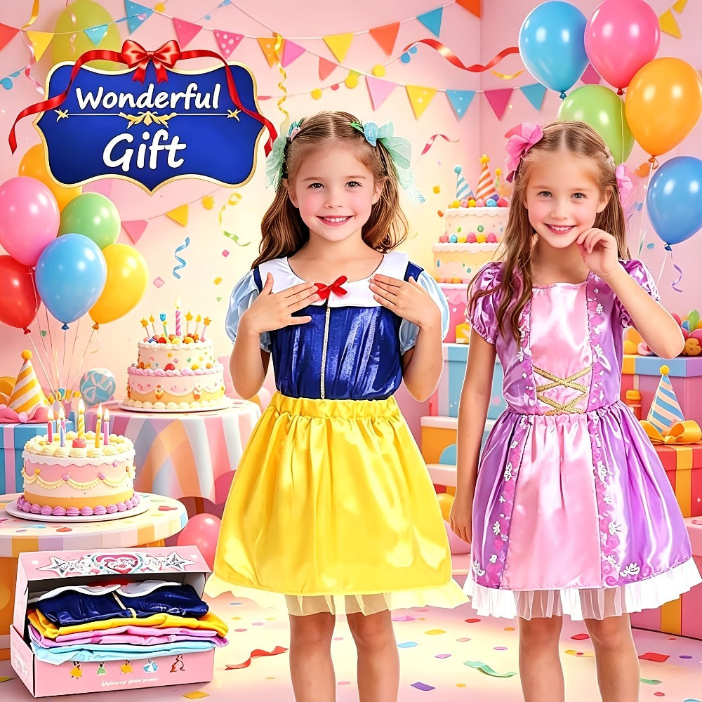 Girls Princess Dress Up Costume Set 14pcs, 5 Role Play Outfits with Crowns, Earrings & Storage Box