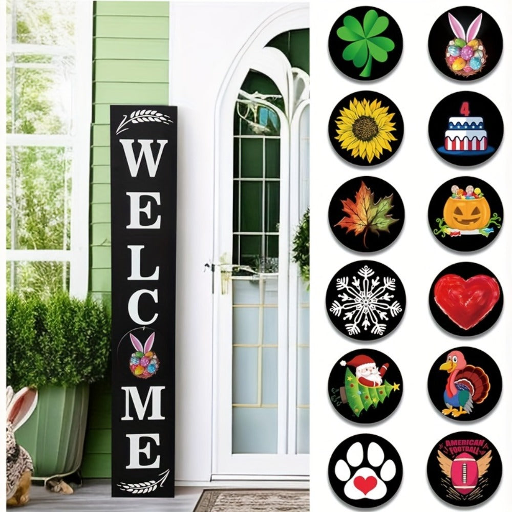 Porch Sign with 12 Interchangeable Seasonal Icons 47 Inch Tall – Welcome Sign for Front Door, Wind Resistant Leaner Board for Patio Yard