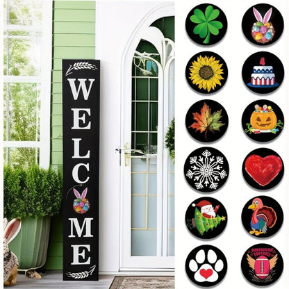 Porch Sign with 12 Interchangeable Seasonal Icons 47 Inch Tall – Welcome Sign for Front Door, Wind Resistant Leaner Board for Patio Yard