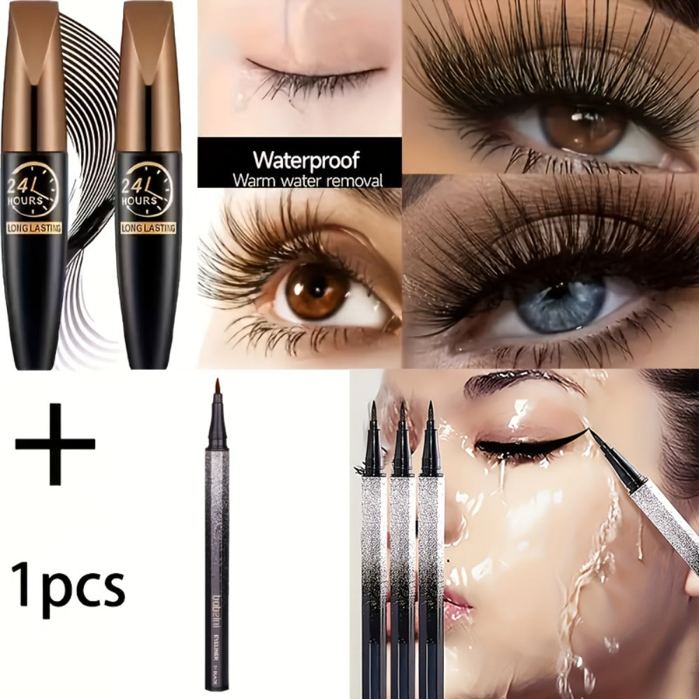 8D Fiber Mascara Set 2 Pcs Volumizing Lengthening Smudge-Proof Waterproof Lash Extension, for Makeup, Travel and Everyday Vanity Use
