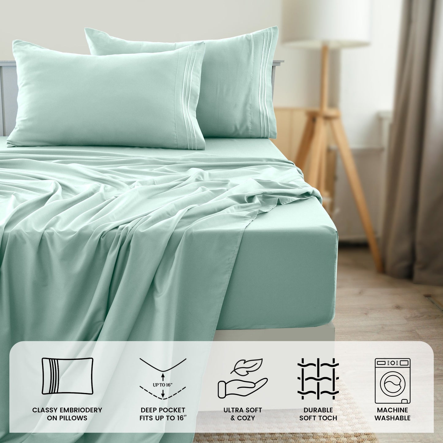 Fitted Sheet Set 6-Piece Brushed Polyester Deep Pocket Bed Sheets 20 Colors Hotel Luxury Bedding with Embroidered Pillowcases