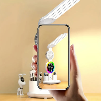 LED Desk Lamp with Built-in Fan & Touch Control, Dual Head Adjustable, USB Charging, 3 Color Modes Dimmable