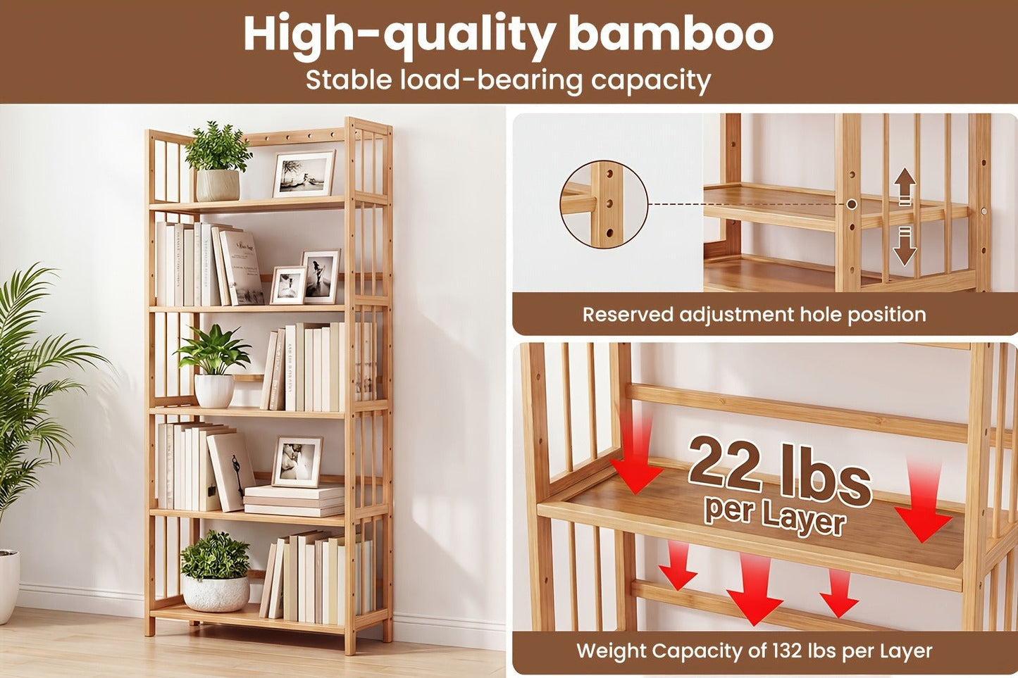 Bamboo Bookshelf Narrow 4 Tier Adjustable Shelves Wooden Bookcase Storage Shelf Organizer for Entryways, Bedrooms and Living Spaces