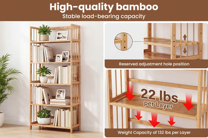 Bamboo Bookshelf Narrow 4 Tier Adjustable Shelves Wooden Bookcase Storage Shelf Organizer for Entryways, Bedrooms and Living Spaces