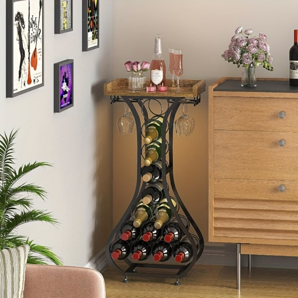Freestanding Wine Rack Floor 14 Bottles Mini Bar Table Stand Liquor Cabinet with Glass for Home Cooking, Dining and Outdoor Meals