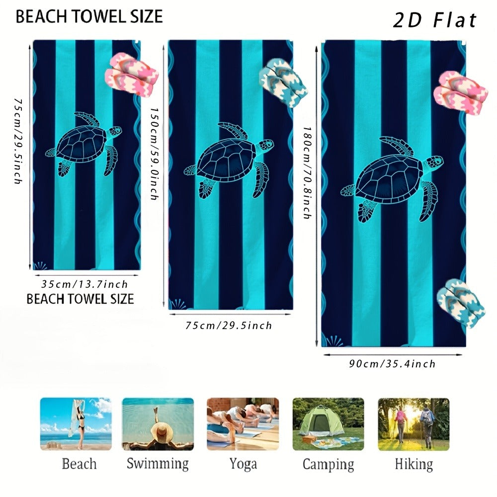 Sea Turtle Beach Towel, Blue Striped Nautical Print, Microfiber, Stylized Wave Pattern, Ideal for Beach Trips