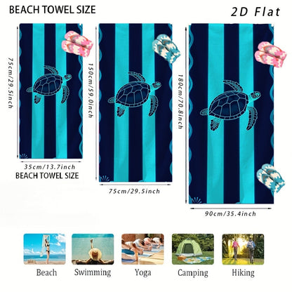 Sea Turtle Beach Towel, Blue Striped Nautical Print, Microfiber, Stylized Wave Pattern, Ideal for Beach Trips