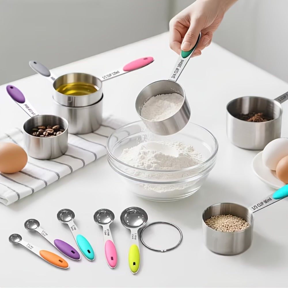 Measuring Cups and Spoons Set 10-Piece Stainless Steel with Silicone Handle, Precise Baking & Cooking Measurement Tools