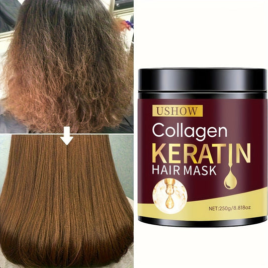 USHOW 250g Collagen and Keratin Hair Mask in Round Jar with Black Screw-Top Lid and Gold-Trim Label