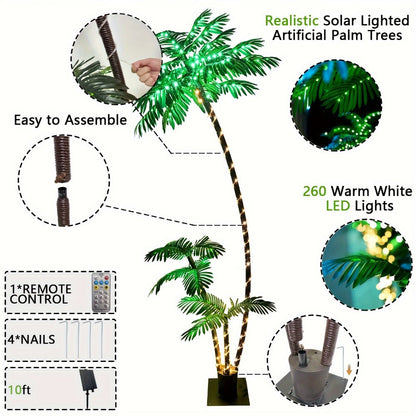 Lighted Artificial Palm Tree Solar Powered 7FT with 3 Trunks & 260 LED Lights, 8 Lighting Modes 2600mAh Battery