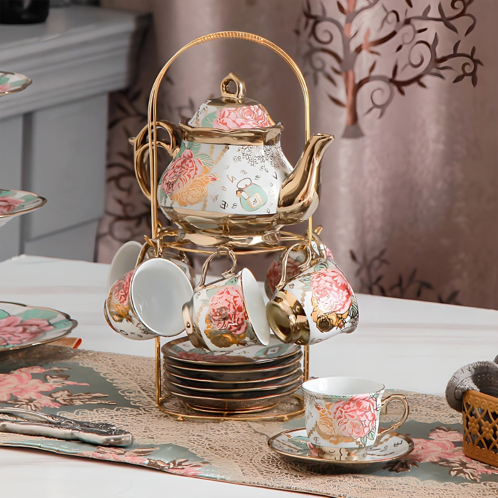 20-Piece Floral Ceramic Tea Set with Saucers & Metal Stand, European Afternoon Tea Service, Blooming Design