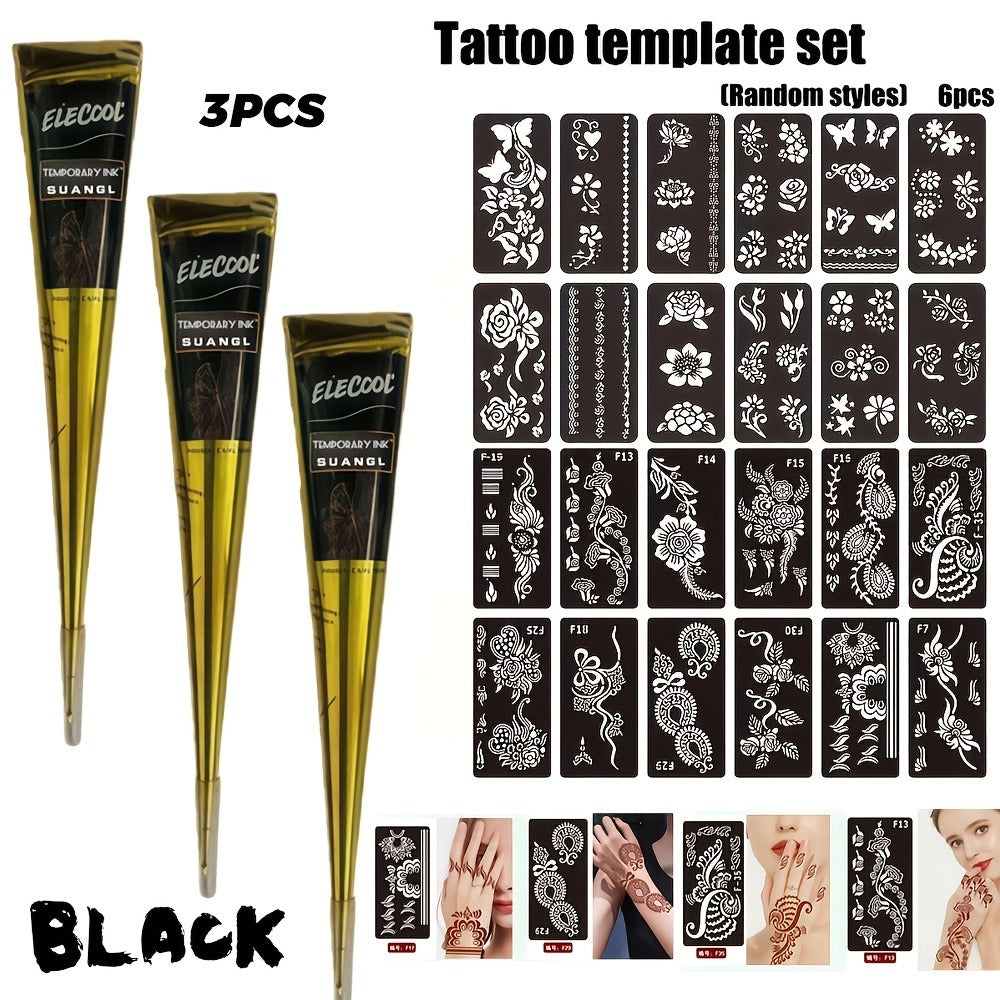 Temporary Semi-Permanent Tattoo Paste Kit - Body Art Gel in Brown & Black with Tattoo Templates