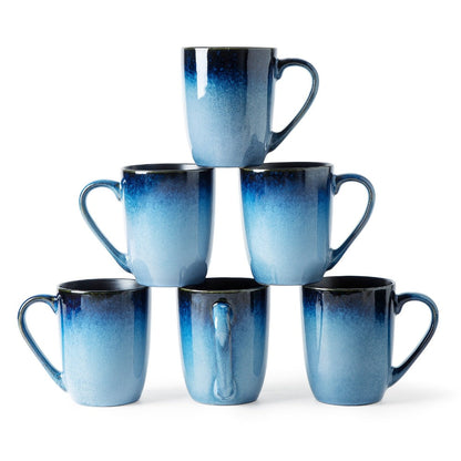 Six-Piece Blue Gradient Coffee Mug Set with Straight Handles and 14-Ounce Capacity Label Pictured