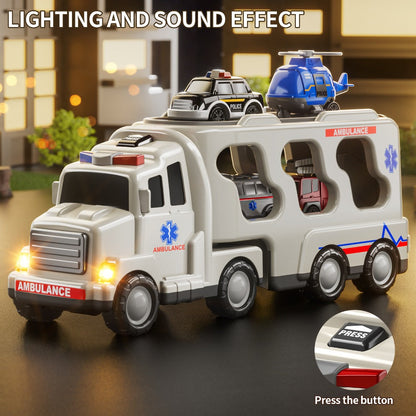Ambulance Truck Toy 5-in-1 Carrier Set with Lights & Sounds, Friction Power Emergency Vehicle Playset for Kids Boys Ages 3+