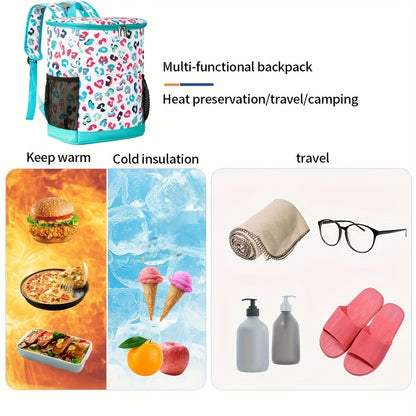 Insulated Cooler Backpack 30-Can Capacity, Leopard Print Portable Lunch Bag with Mesh Side Pockets & Adjustable Straps