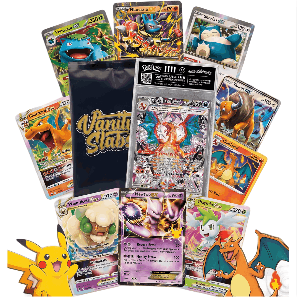 Pokemon Vanity Slab Mystery Bundle, Ultra Rare Hit Card in Display Case + 2 EX Cards + 10 Holo Cards