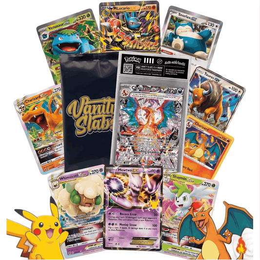 Pokemon Vanity Slab Mystery Bundle, Ultra Rare Hit Card in Display Case + 2 EX Cards + 10 Holo Cards
