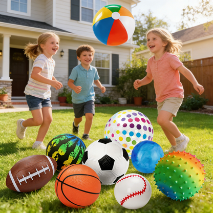 Kids Playground Balls Set 9 Pack with Air Pump – Inflatable Assorted Sports Balls for Outdoor & Indoor Play | Soccer, Basketball, Football