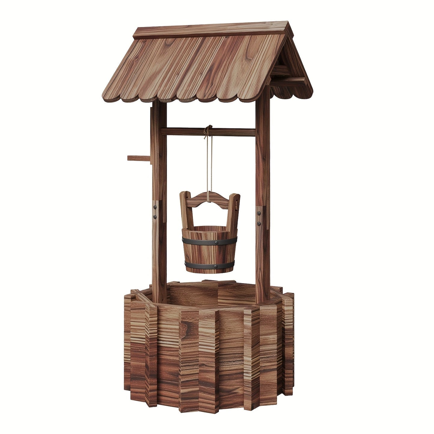 Wishing Well Planter Outdoor Wooden Rustic Garden Decor with Hanging Bucket Barrel Style for Patio Lawn Yard