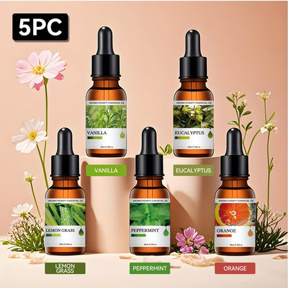 Five-Bottle Essential Oil Gift Set with Three Floral, Botanical or Citrus Scent Assortments