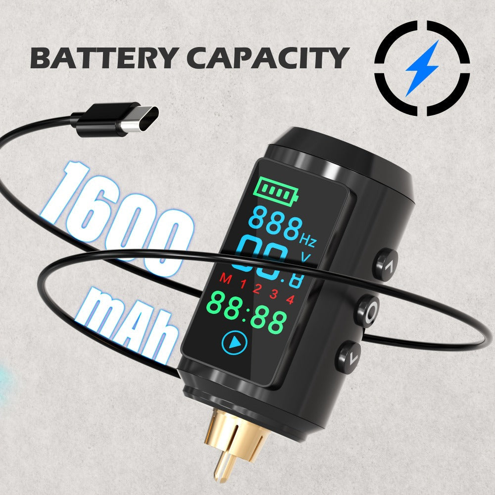 P7 1600mAh Cordless Tattoo Power Supply with Color Screen, Four Memory Modes and RCA Connector