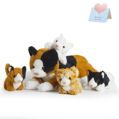 Stuffed Animal Mommy Cat Set with Four Baby Kittens, Five-Piece Family Design and Soft Fabric