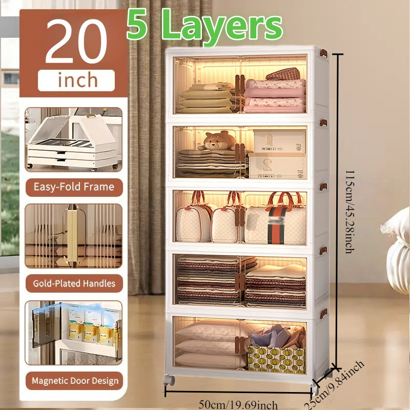 Folding Storage Cabinet 1-6 Tier Collapsible Stackable Organizer with Wheels and Lids – Extra Large Foldable Storage Locker for Closet