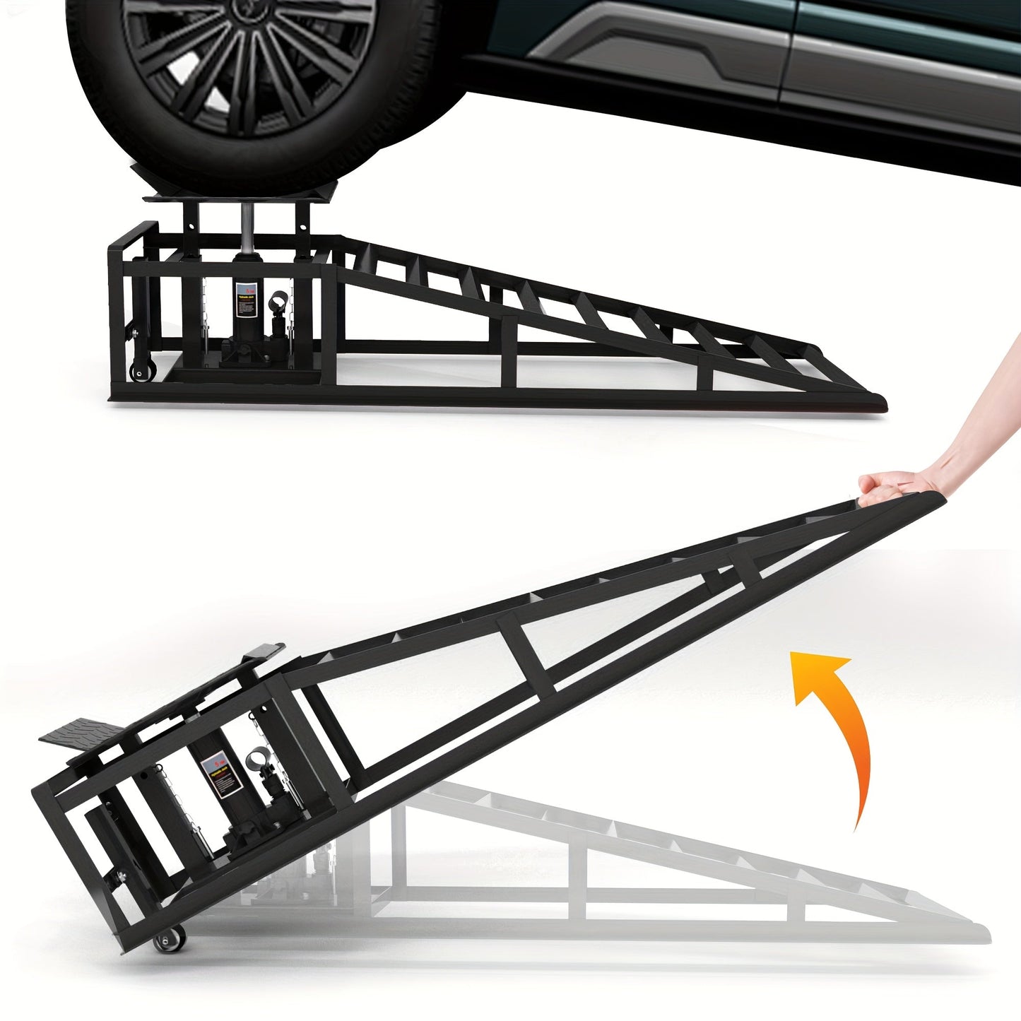 Car Ramps 2-Pack Hydraulic High Lift 11, 050 lb Capacity Low Profile with Support Jack – Oil Change Service Ramps for Car Truck Trailer