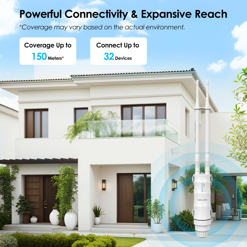 WAVLINK N300 Outdoor PoE WiFi Access Point 300Mbps - 2x7dBi Antennas 150m Range, AP Router Repeater 4-in-1 Modes