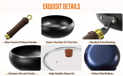 Carbon Steel Wok Pan with Large-Belly Uncoated Design and Heat-Resistant Handle for Stir-Fry, Soup, Stew and Camping Cooking