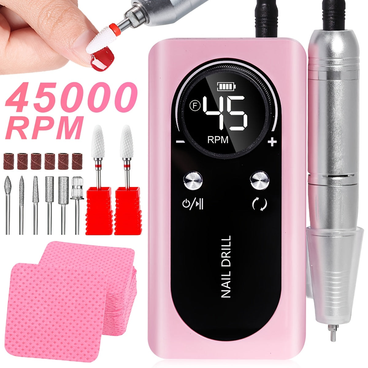Electric Nail Drill 45000 RPM Cordless Kit with Power Display, Adjustable Speed and Three Colors