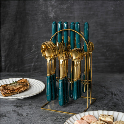 Marble Pattern Cutlery Set 24pcs – Dinner Forks Soup Spoons Teaspoons for Home Hotel Restaurant