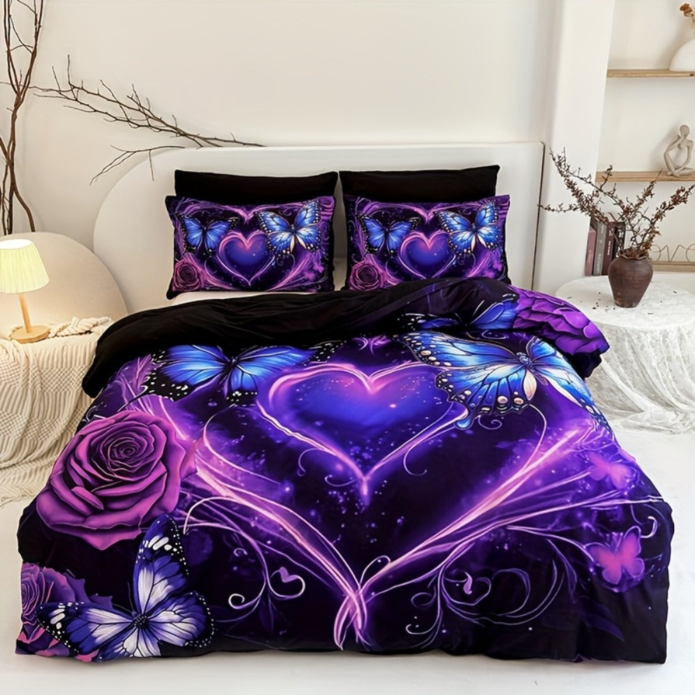 3-Piece Duvet Cover Set with Purple Butterfly, Rose and Heart Print, Zipper Closure and Four Sizes