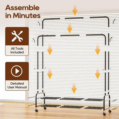 Double Rod Clothes Rack with Wheels Metal Garment Rack with Shelves and Hooks Portable Closet Organizer for Bedroom Living Room Gold