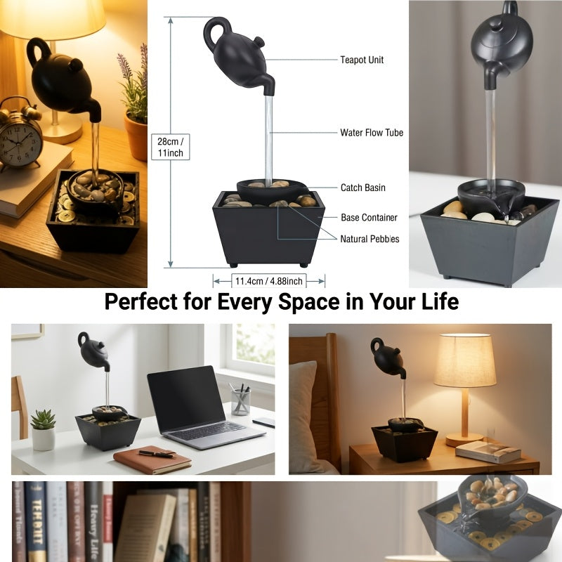 Tabletop Water Fountain Indoor, 4-Level Desktop Waterfall with LED Lights & Natural River Stones