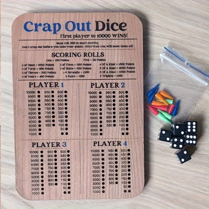 Crap Out Dice Score Board Game 2pcs – 10 Inch Wooden Dice Scoreboard with 6 Dice & 12 Scoring Pegs, Fun Family Dice Game for 1-4 Players