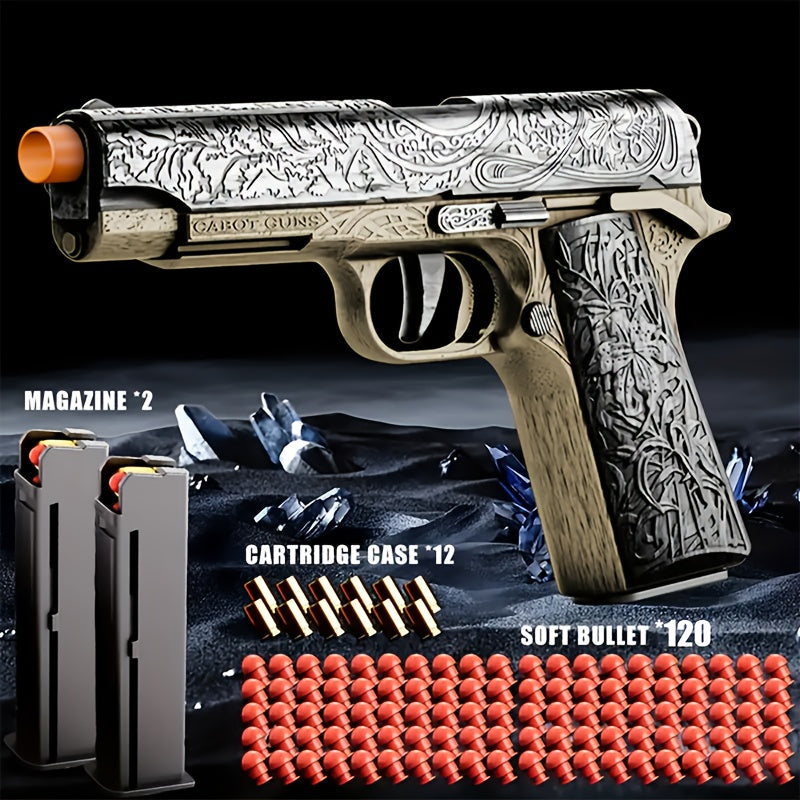 Shell-Ejecting Toy Foam-Dart Blaster with Engraved Body, Two Magazines and Four Color Options