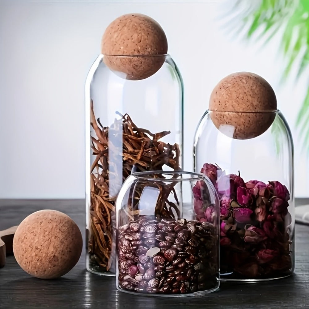 Glass Storage Jars with Cork Lid Set of 3 | 17oz 500ml Airtight Glass Containers with Spherical Cork Stopper | Kitchen Organizer for Tea