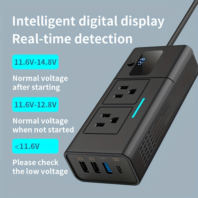 Black 200W Elongated Car Power Inverter Hub with Multiple 110V AC Outlets, USB Ports and Display